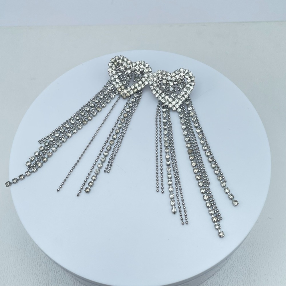 Vintage 90s Silver Tone Clear Rhinestone Heart Tassel Dangle Earrings Jewelry